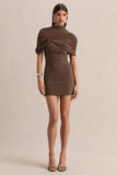 Perdi Brown Bodycon Mini Dress With Twisted Cape