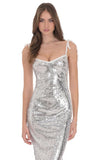 Sequin Shoulder Tie Maxi Dress in Silver