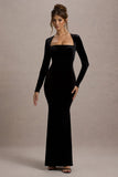 Morana Black Velvet Square Neck Long Sleeve Maxi Dress