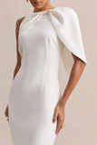 Quira White Asymmetric Neck Maxi Dress With Cape Sleeve