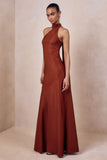 Cara Rust Matte Satin High Neck Maxi Dress