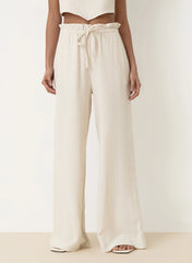 Beige Linen Drawstring Waist Trouser