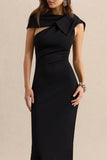 Clarina Black Asymmetric Neck Midi Dress With Bow Detail