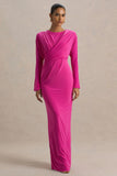 Regina Hot Pink High Neck Draped Wrap Maxi Dress
