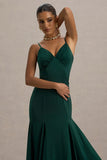 Ashly Bottle Green Satin Maxi Dress With Volume Hem
