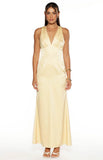 Nicolina Yellow Satin Formal Maxi Dress