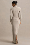 Myra Champagne High Neck Maxi Dress With Sash and Ruched Detailing