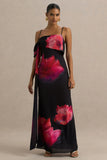 Leonara Black And Pink Floral Print Cowl Neck Maxi Dress With One Sleeve