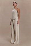 Gabby Asymmetrical Neckline Linen Beaded Top Natural
