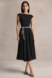 Nataline Black Round Neck Midi Dress With White Belt Detail