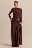 Orintha Brown Slashed Neck Maxi Dress With Cape And Gold Detail