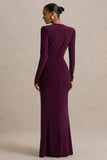 Flashy Burgundy Plunge Neck Maxi Dress With Ruched Detailing