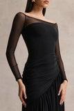 Bexley Black Bardot Neck Draped Maxi Dress With Long Mesh Sleeves