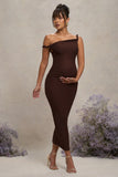 Salome Chocolate Brown Twisted Asymmetric Maternity Midi Dress