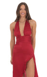 Satin Ruffle Slit Dress in Red
