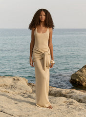 Gold Lurex Belt Detail Knitted Maxi Dress