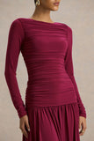 Aniyah Burgundy Slashed Neck Maxi Dress With Ruched Detailing