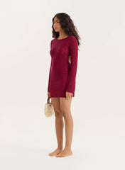 Burgundy Knitted Open Back Mini Dress