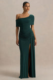 Dynasty Dark Green Asymmetric Neck Maxi Dress With Ruched Detailing And Front High Split