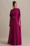Olessia Burgundy Belted Gathered Cape Sleeve Maxi Dress