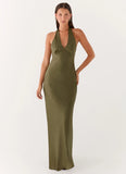 Heavy Hearted Satin Maxi Dress Khaki