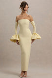 Myah Lemon Bandeau Long Sleeve Maxi Dress With Puff Cuffs