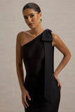 Here For Love Black Satin Asymmetric Maxi Dress With Bow