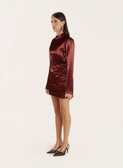 Dark Red Satin High Neck Mini Dress
