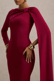 Frances Burgundy High Neck Maxi Dress With Cape Detail
