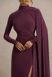Anticipation Burgundy High Neck Maxi Dress With Front Split And Ruched Detailing