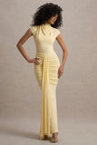 Lorenza Pale Lemon High Neck Ruched Maxi Dress With Draped Skirt