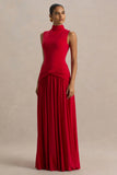 Cascade Red High Neck Maxi Dress With Twist Detail