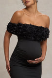 Inflorescence Black Mesh Floral Bardot Maternity Maxi Dress