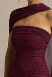 Secret Burgundy Bandeau Lace Midi Dress With Scarf Detail