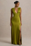 Ysabella Olive Satin Plunge Neck Split Maxi Dress