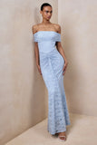 Elinor Powder Blue Lace Bardot Neck Maxi Dress With Gathered Detailing