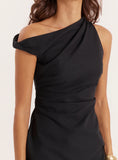 Black Linen Blend One Shoulder Mini Dress