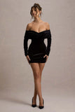 Gilda Black Velvet Bardot Long Sleeve Mini Dress