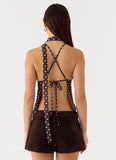 Quiero Backless Top Chocolate Blue Dot