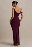 Tulisa Burgundy Asymmetric Neck Maxi Dress With Twist Sleeves And Ruched Detailing