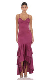 Satin Ruffle Fishtail Maxi Dress in Magenta