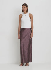 Plum Printed Satin Maxi Skirt
