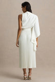 Jimena Cream High Neck Midi Dress With One Long Sleeve And Pleated Detailing