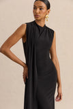 Oleandra Black High Neck Midi Dress With Draped Detail