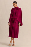 Honora Burgundy High Neck Midi Dress With Cape Sleeves