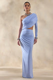 Malika Powder Blue Asymmetric Neck Maxi Dress With Body Cut Out And Gathered Detailing
