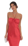 Satin Halter Flower Maxi Dress in Red