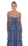 Chiffon Front Tie Ruffle Dress in Denim Blue