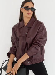 Burgundy Textured Faux Leather Cropped Jacket