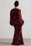 Casarile Red Floral Print V Neck Balloon Sleeve Maxi Dress